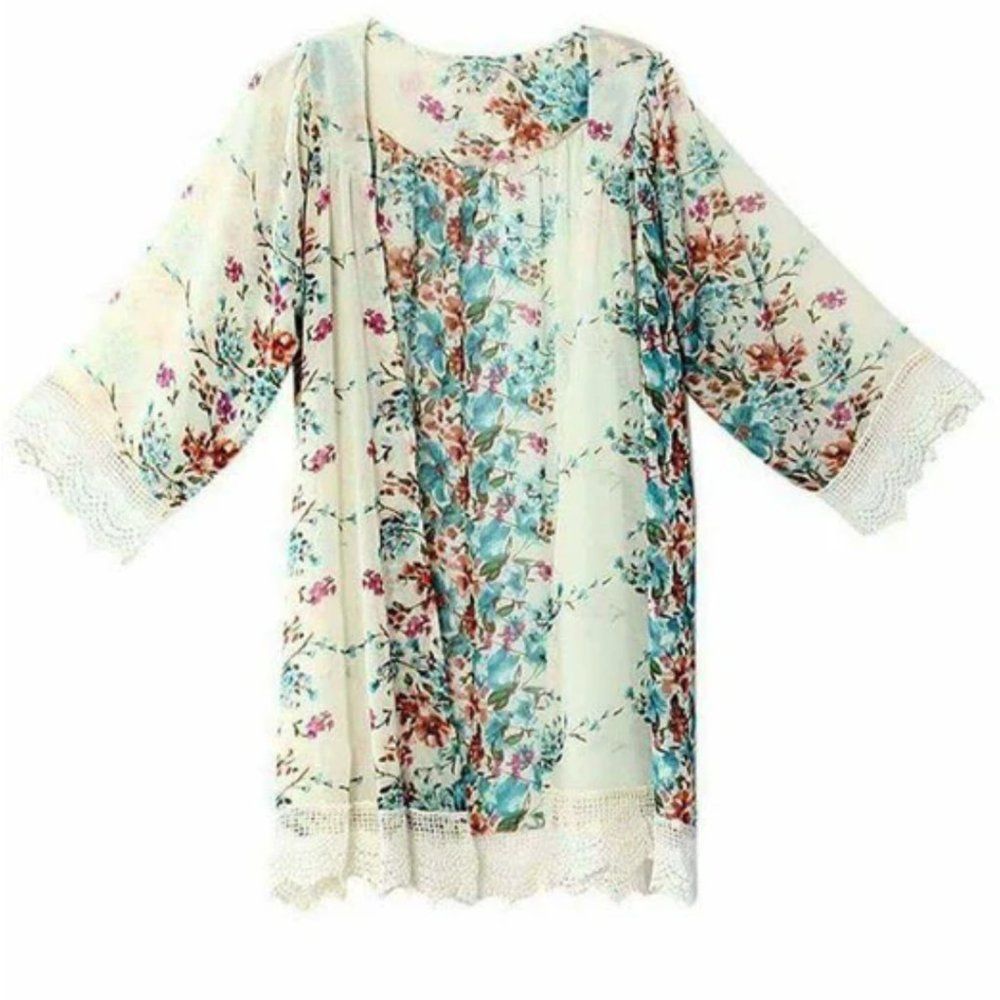 NWT Let Me Love You Floral and Lace Kimono Cardigan White Open Front Layer Sze S